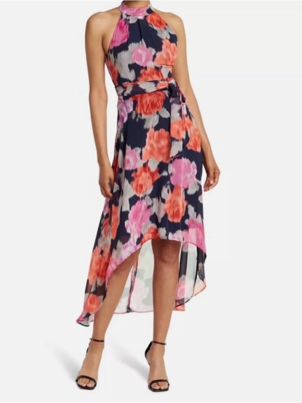 Eliza J Navy Halter High-Low Dress with Pink & Coral Floral Print
